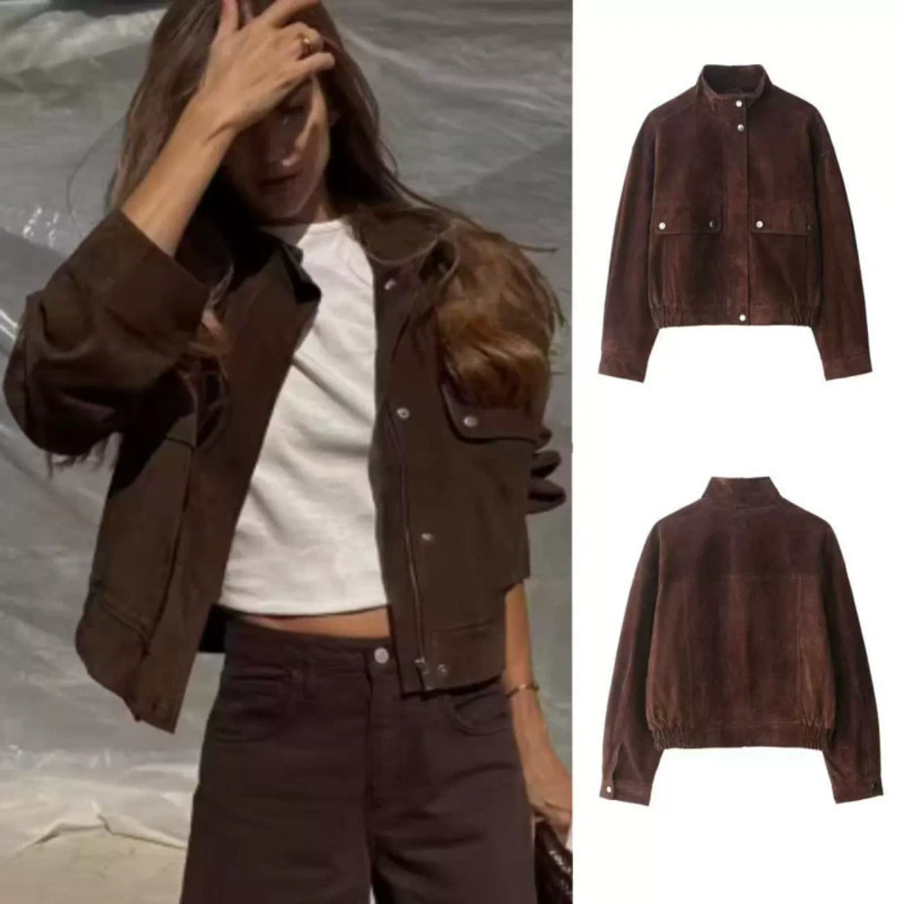 ZARA Suede Bomber Jacket with Flap Pockets